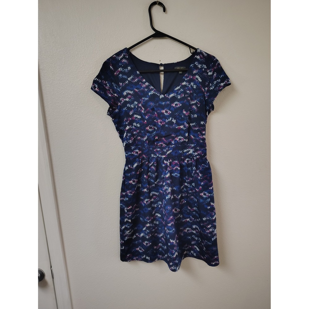Lily Rose Navy Blue Abstract Print V-Neck Fit and Flare Dress Small Womens